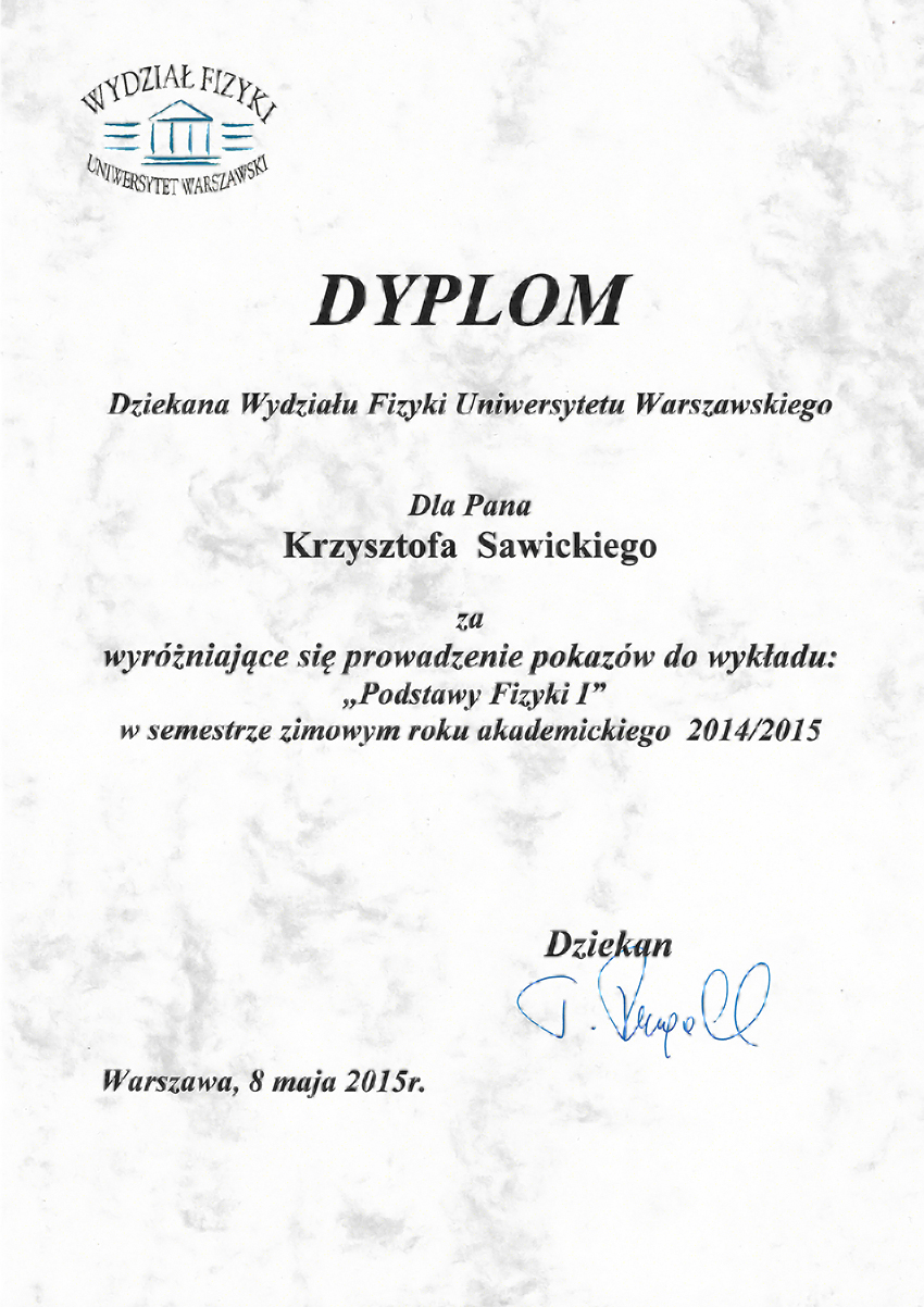 The Dean’s of the Faculty of Physics distinction The Dean’s of the Faculty of Physics distinction